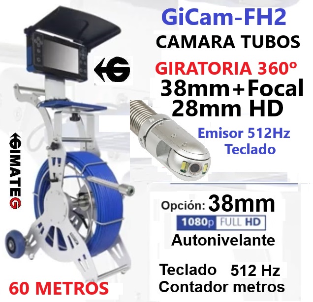 GiCam-FH2 camara tubos 60 metros giratoria 38mm con ajuste Focal Tubos de DN100 a DN300 gimatec