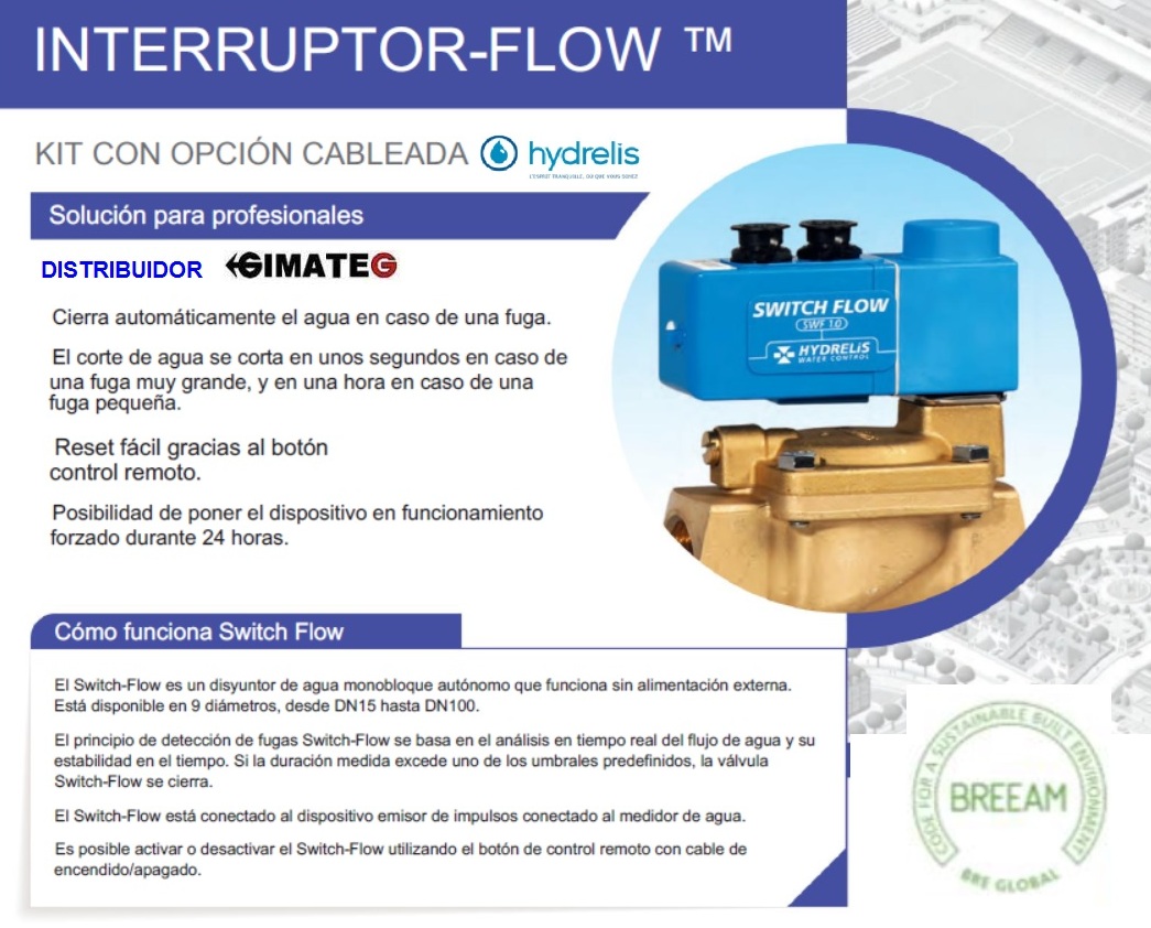 Switch-Flow electrovalvula programable 'disyuntor' anti fuga agua con Puntos Breeam Gimatec Hydrelis